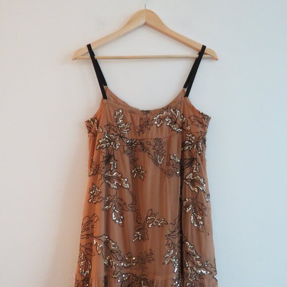 BY ANTHROPOLOGIE Sequined Tulle Midi Dress in Tan Peach Tiered Boho - Size S NWT - Picture 14 of 16